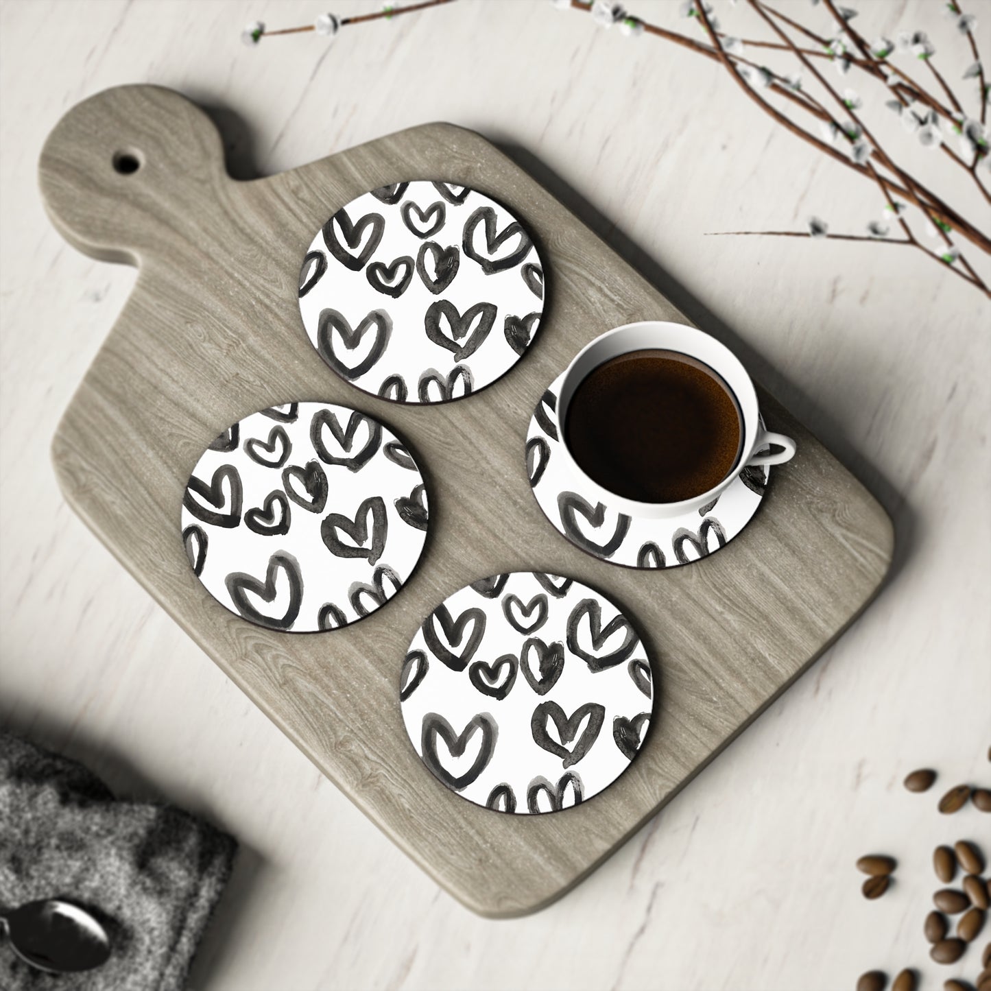 Heart Print Round Coasters - Set of 4