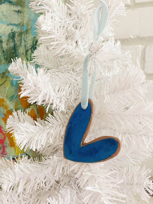 Handmade Terra Cotta Blue Signature Heart Ornament