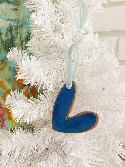 Handmade Terra Cotta Blue Signature Heart Ornament