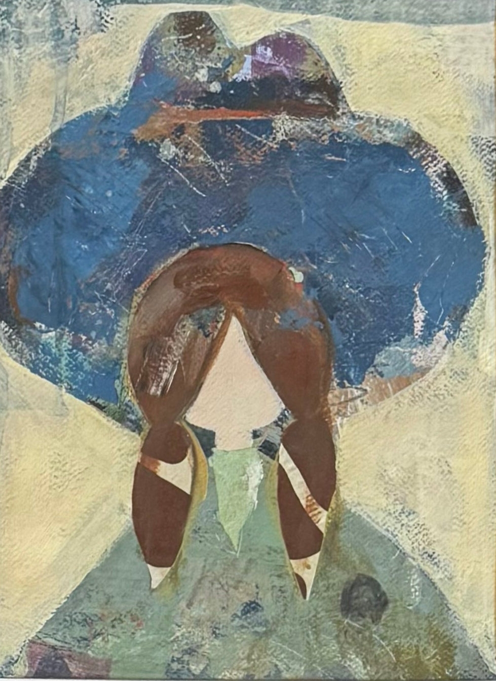An abstract art print featuring a stylized figure in a large blue hat, presented with a wide white mat board and a thin black frame.